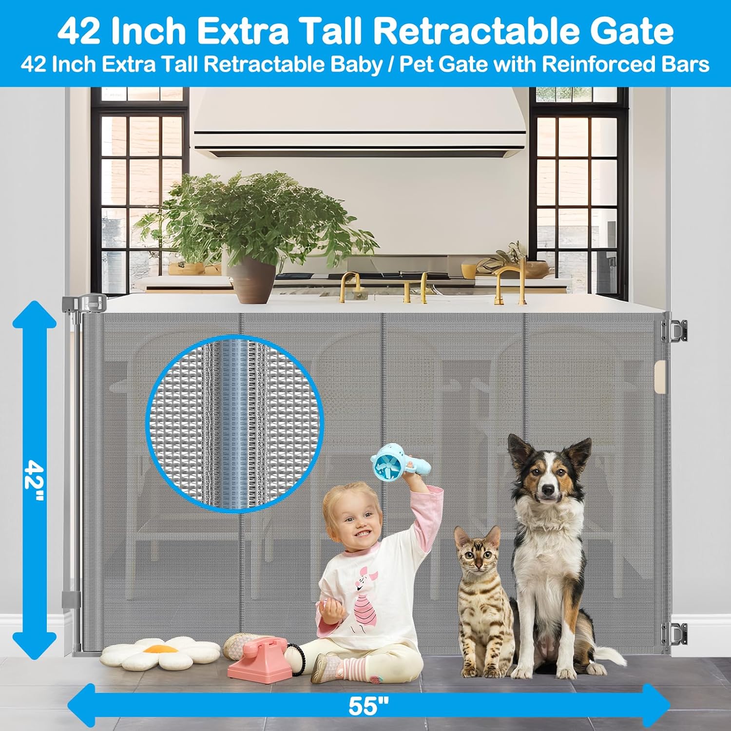 42 Inch Extra Tall Retractable Baby and Pet Gate