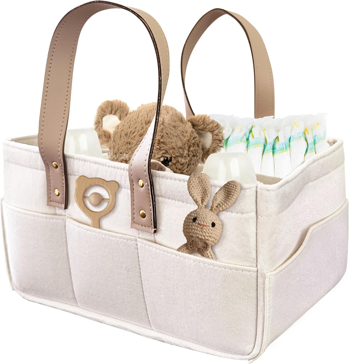 Diaper Caddy with Leather Handle Adjustable Storage