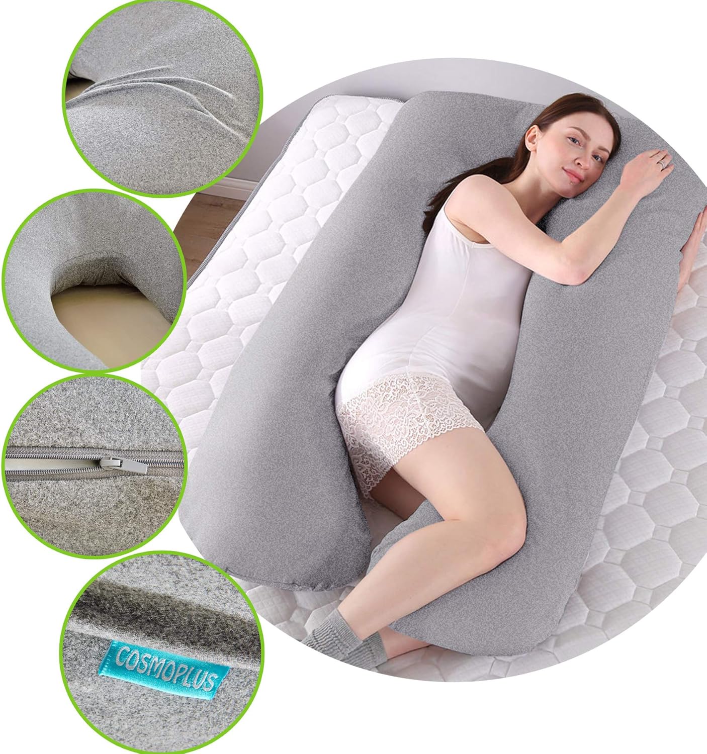 COSMOPLUS U Shaped Full Body Pillow Case for Maternity - Light Grey