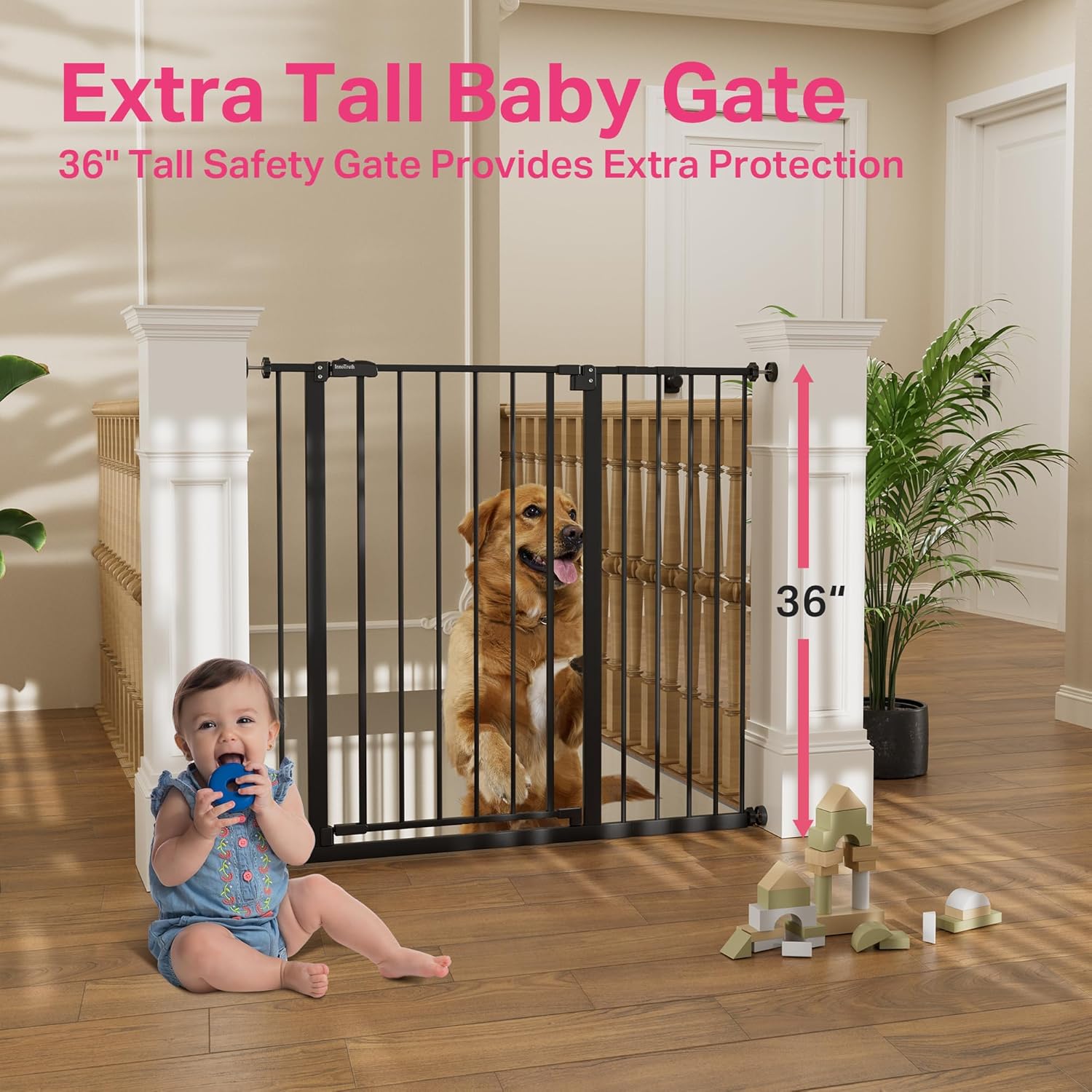 InnoTruth 36 Baby Gate for Stairs and Doorways Dual Lock Black