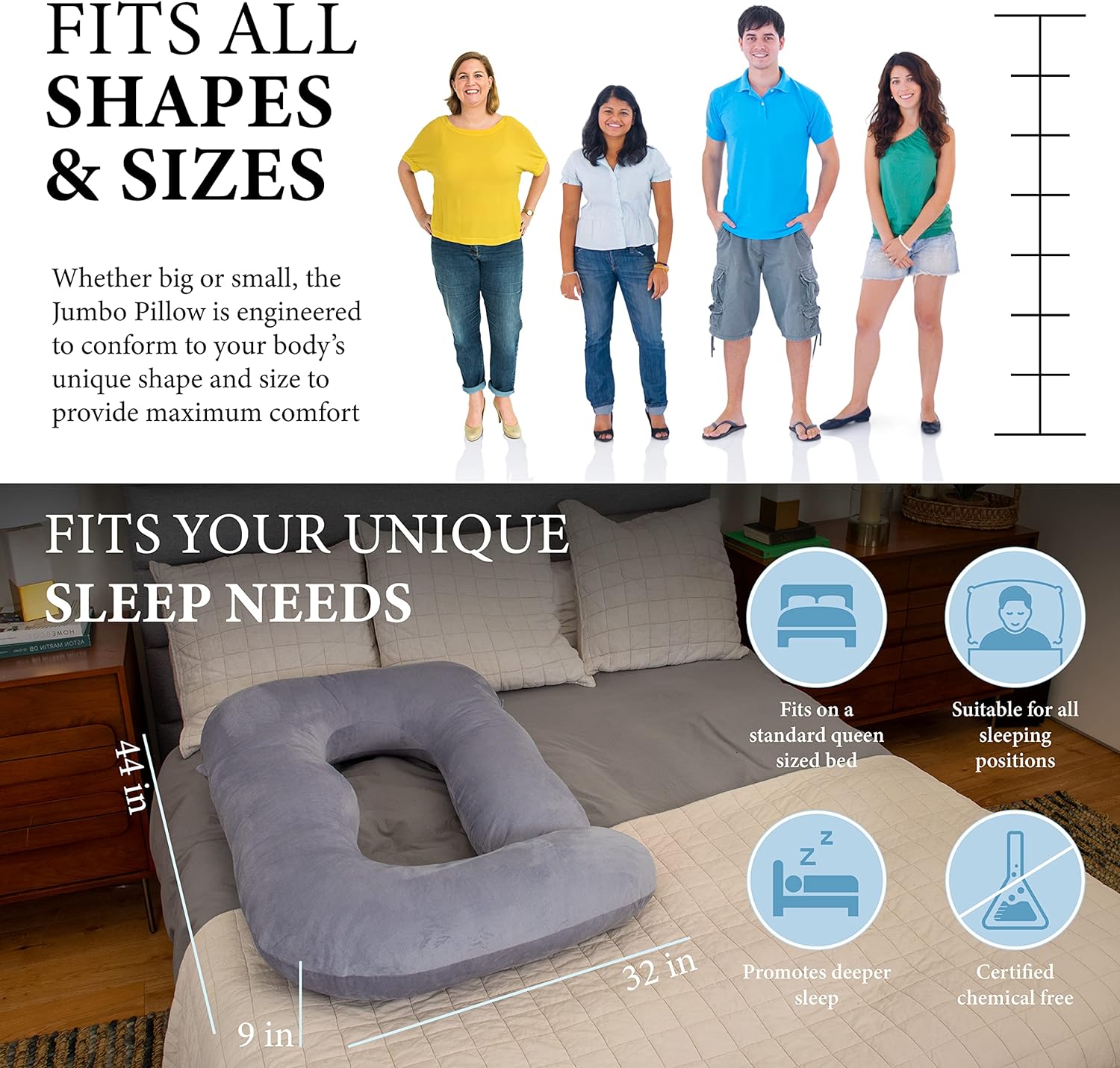 Pharmedoc U-Shape Full Body Pregnancy Pillow - Grey