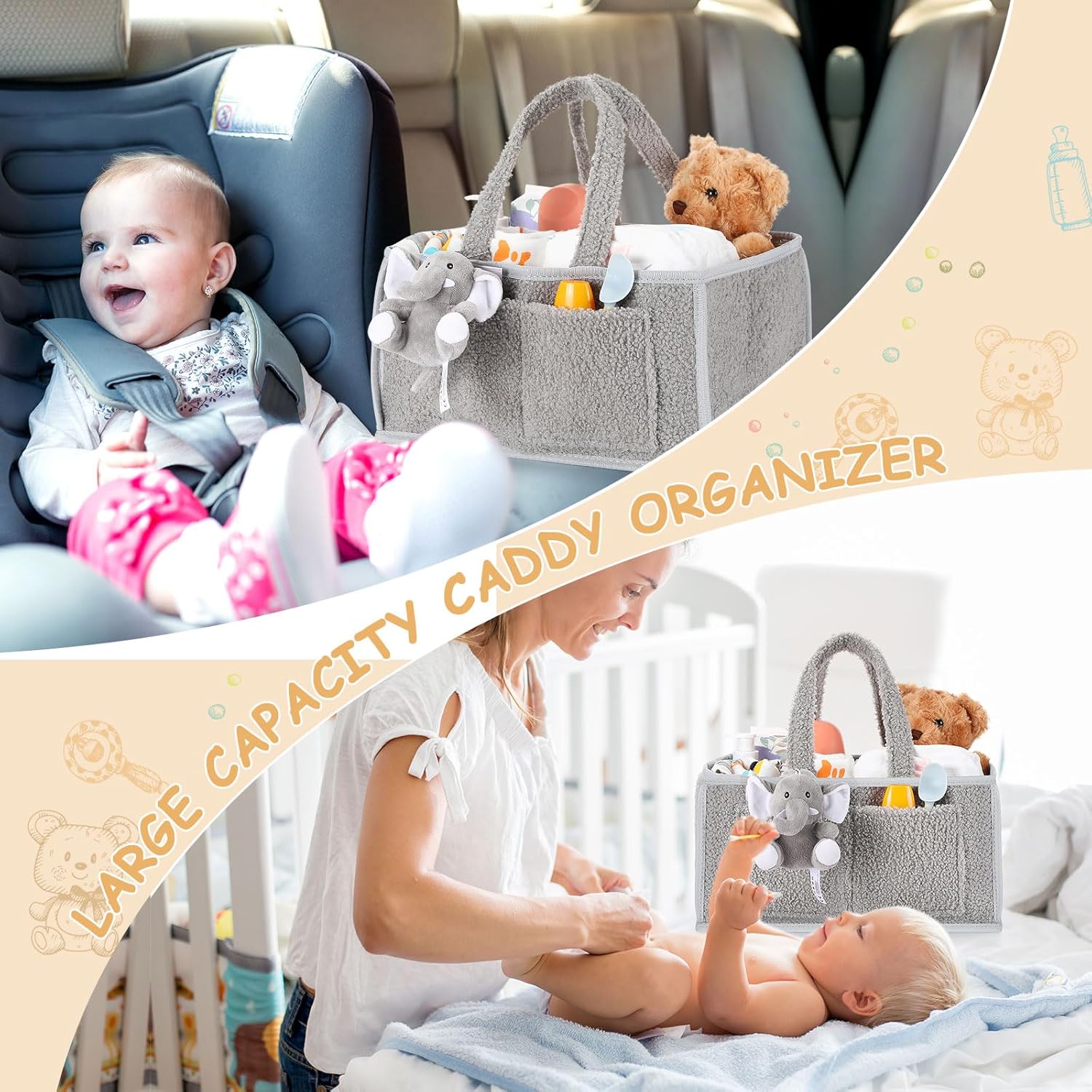 Teenyyou 2 Pcs Baby Diaper Caddy Organizers with Handle and Doll Ornament - Gray