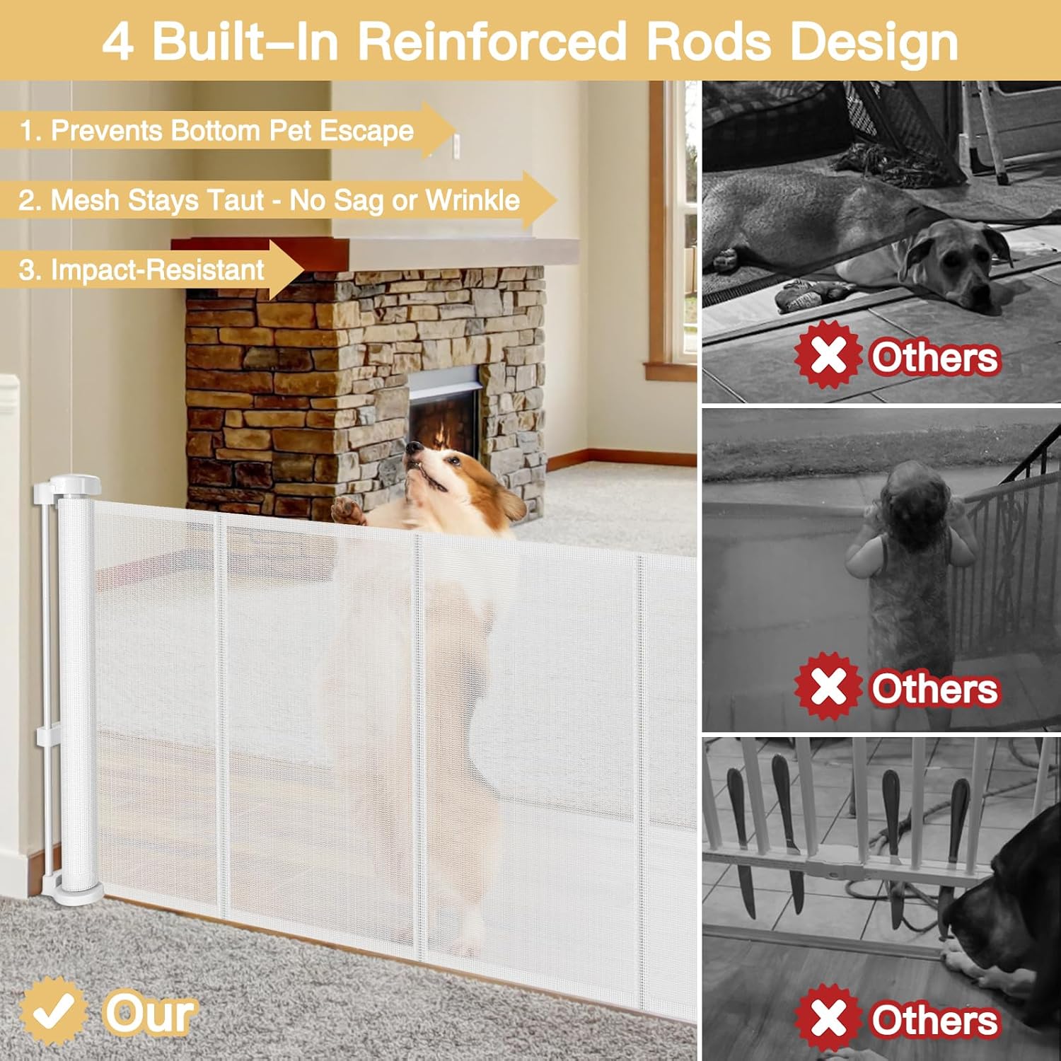 Stcockis 28 Inch Tall Retractable Dog Gate with Support Rods