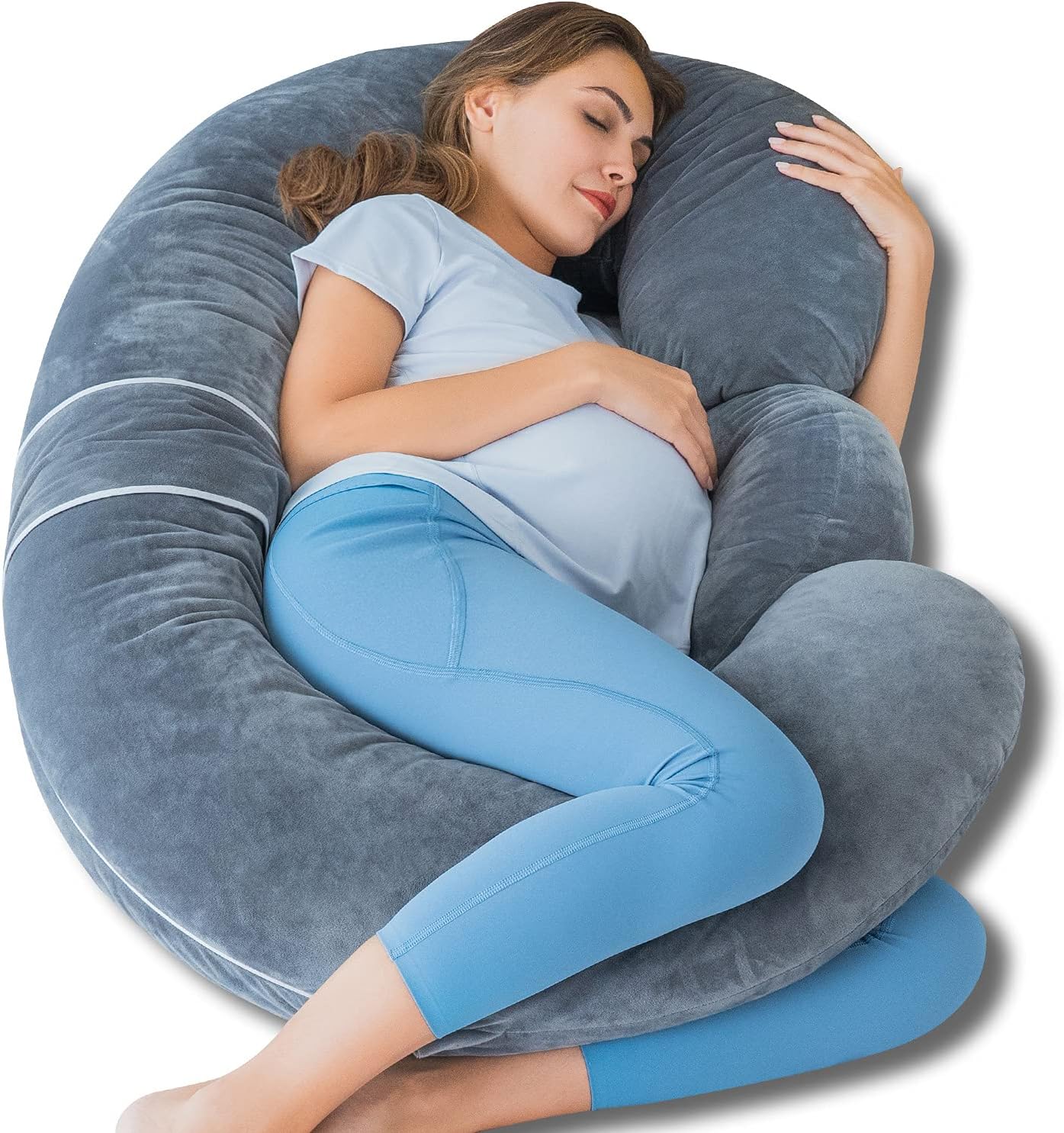 QUEEN ROSE E Shaped Pregnancy Pillow with Detachable Wedge Grey Velvet Cover 60in