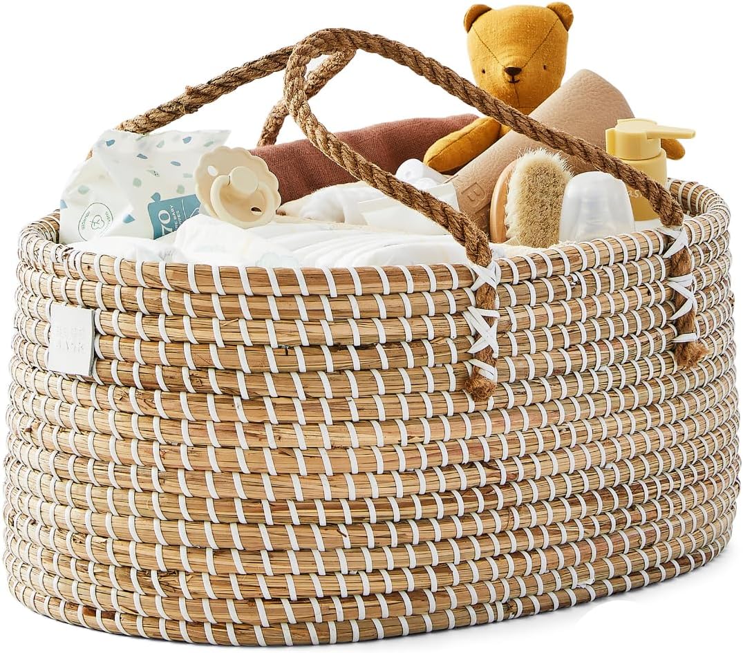 Premium Baby Diaper Caddy Organizer - Handmade Seagrass Basket