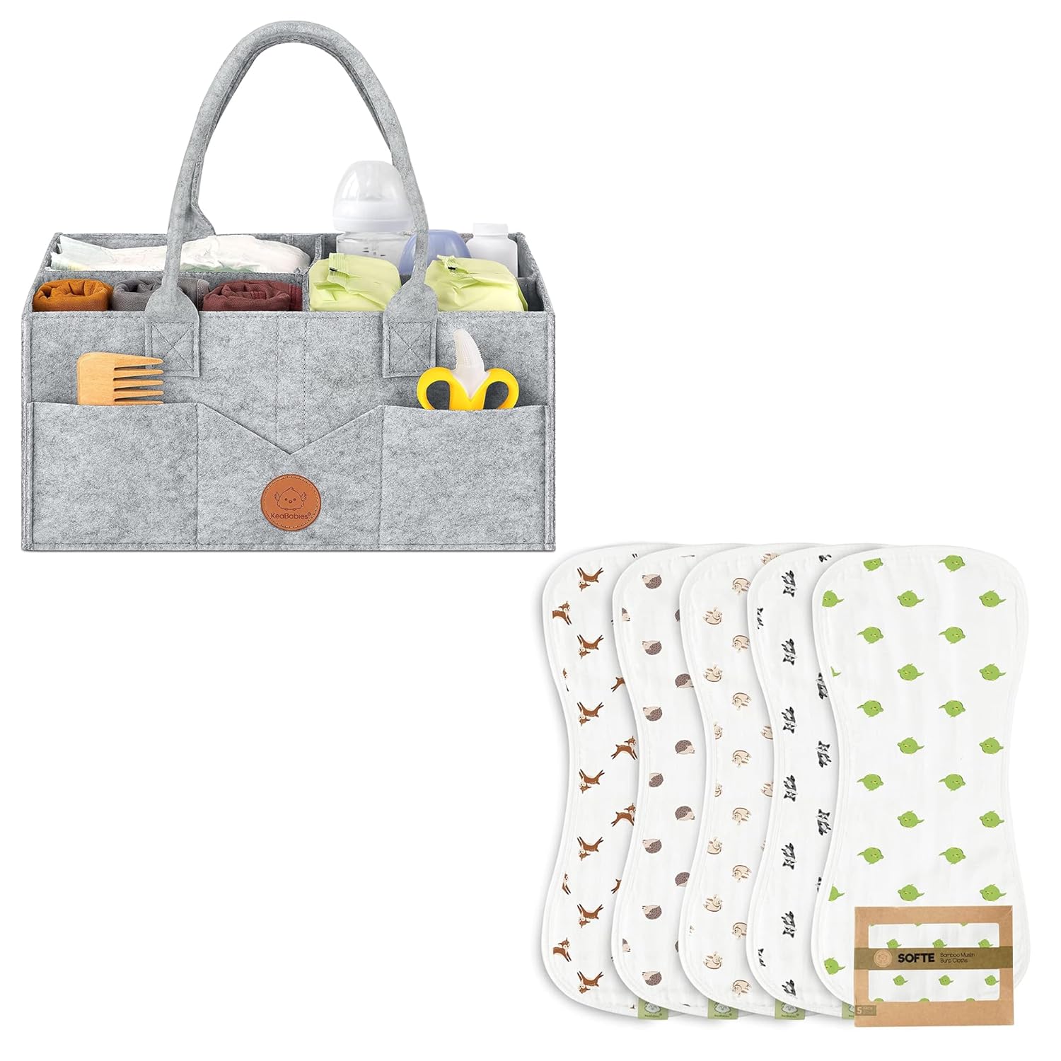 KeaBabies Diaper Caddy Organizer with 5 Muslin Burp Cloths