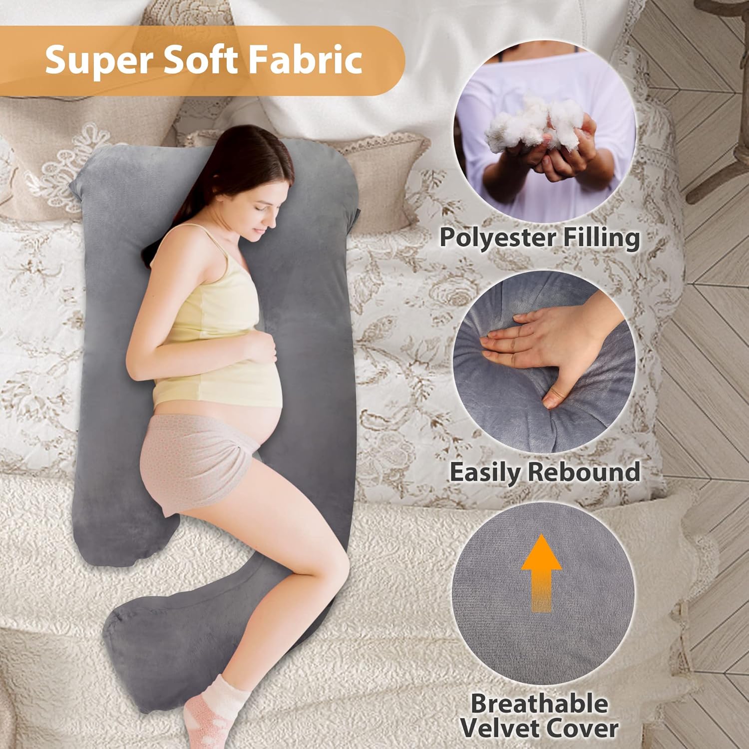 LONABR J-Shape Pregnancy Pillow with Velvet Cover