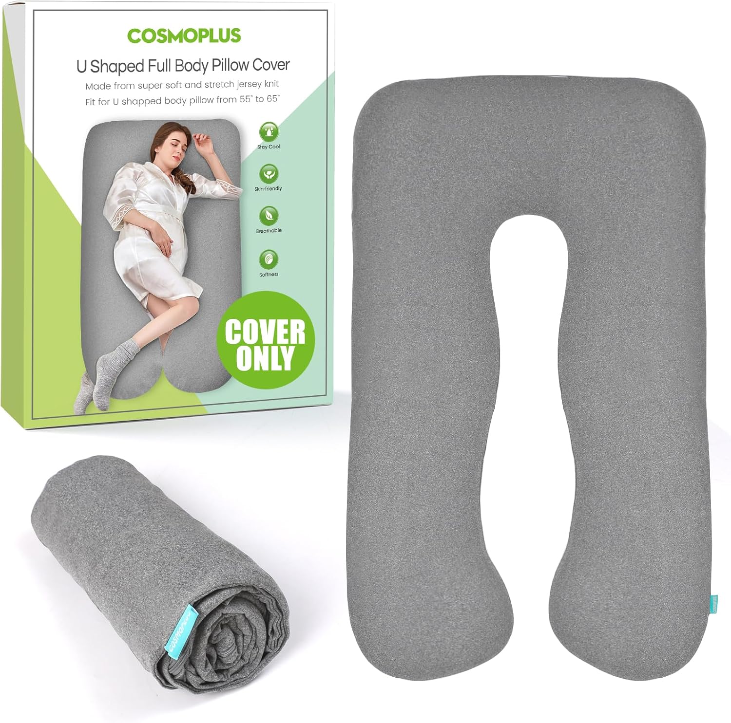 COSMOPLUS U Shaped Full Body Pillow Case for Maternity - Light Grey