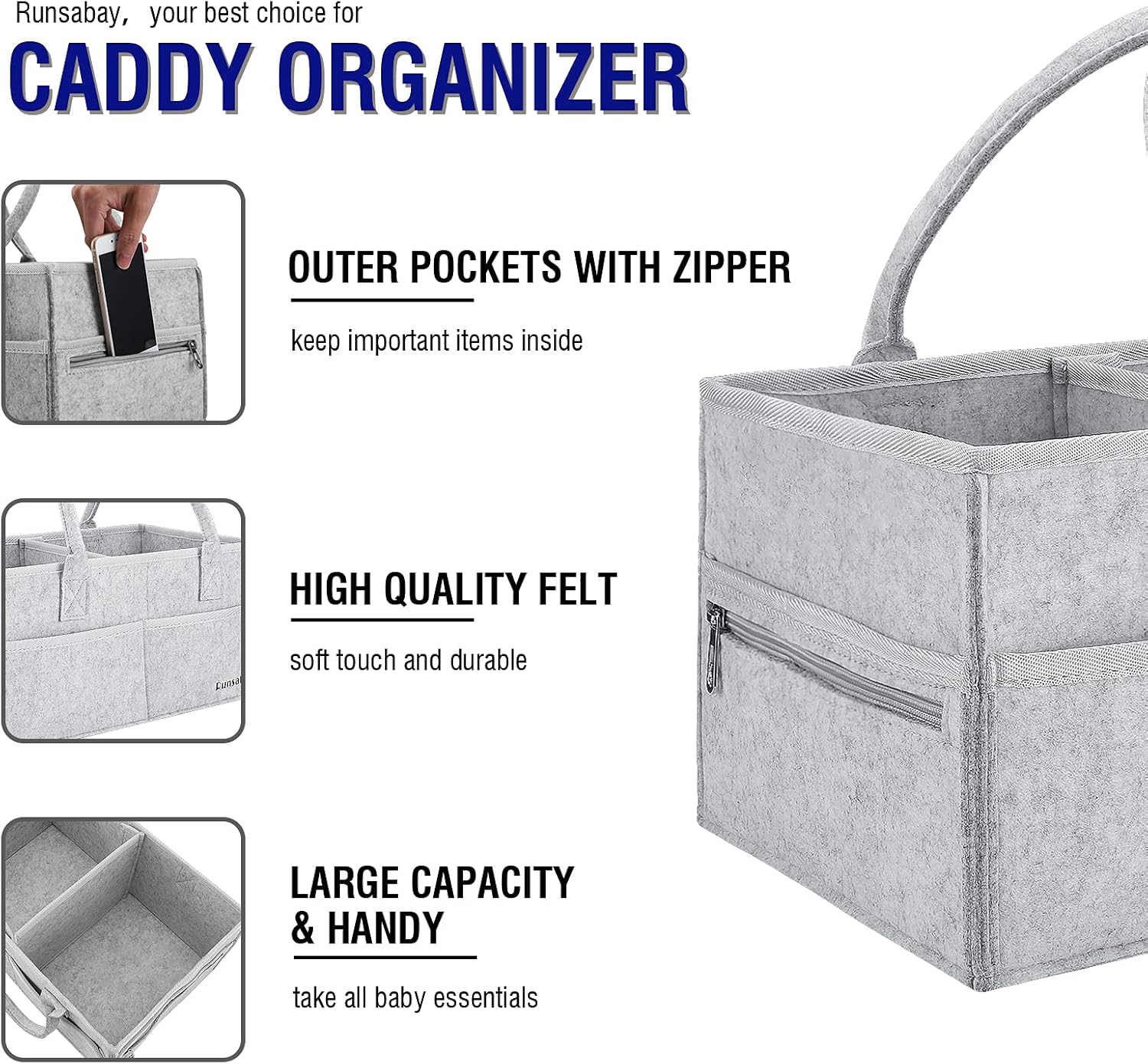 Runsabay Grey Large Diaper Caddy Organizer for Baby