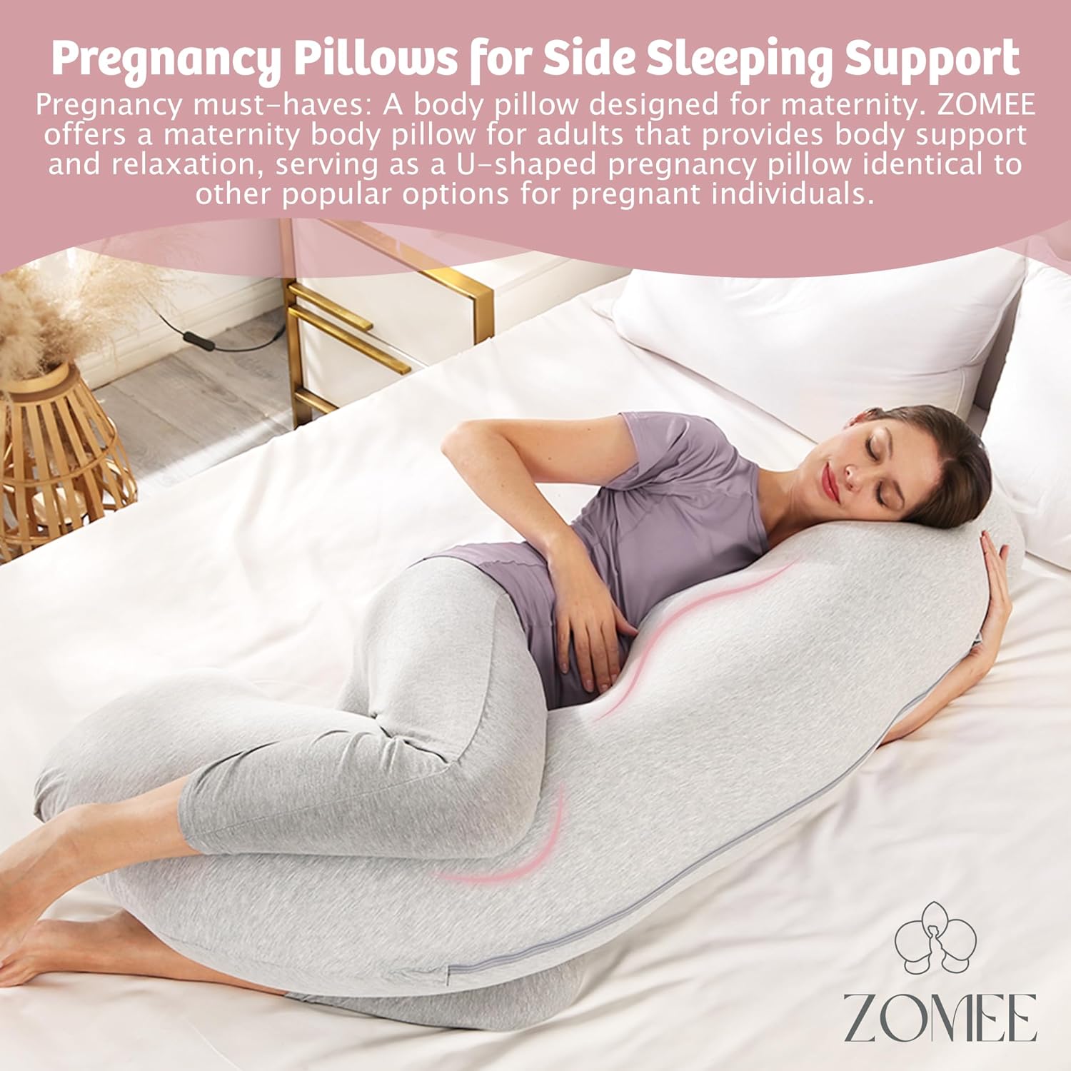 Zomee J-Shaped Pregnancy Pillow for Side Sleep and Nursing Support