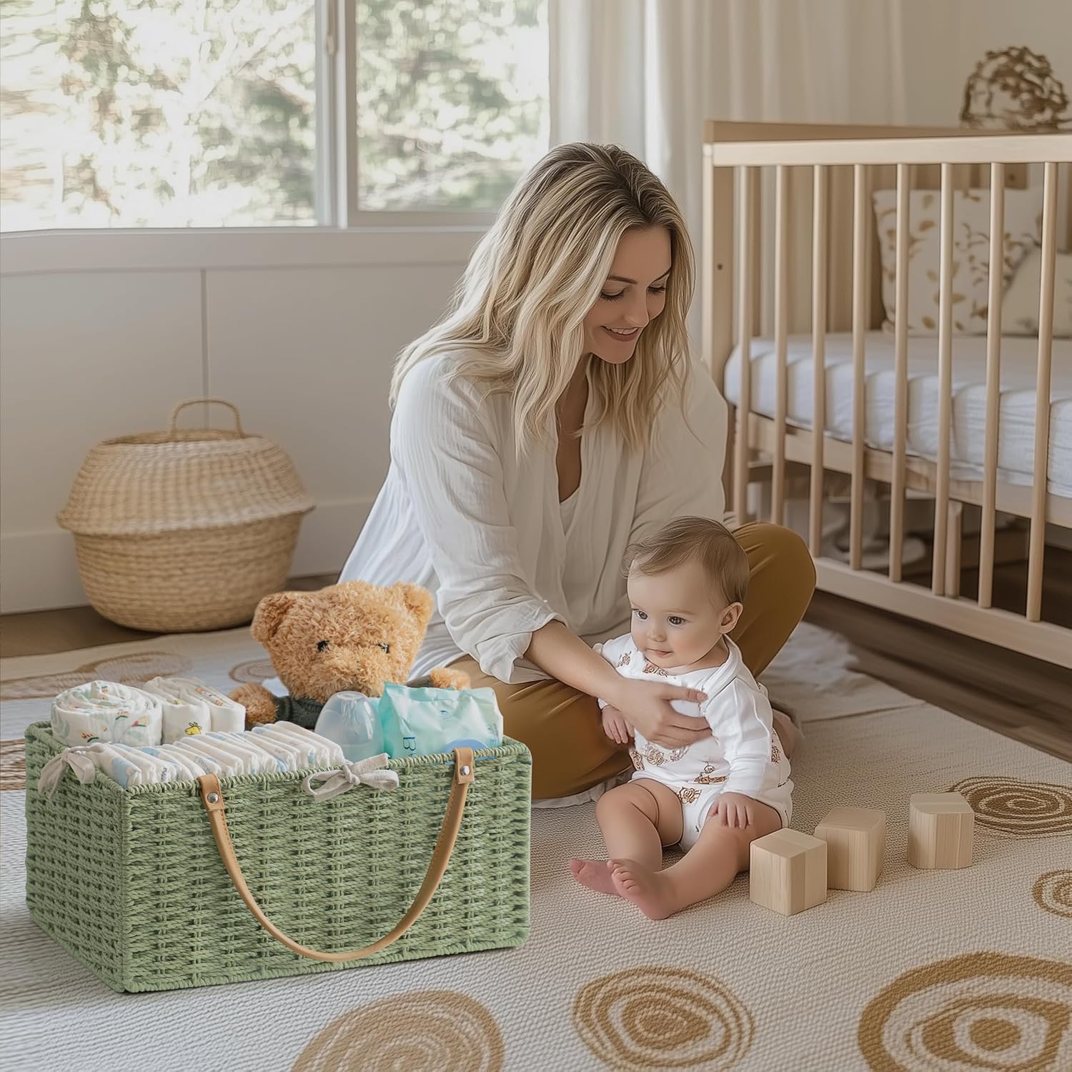 HBlife Green Baby Diaper Caddy with Paper Rope Storage
