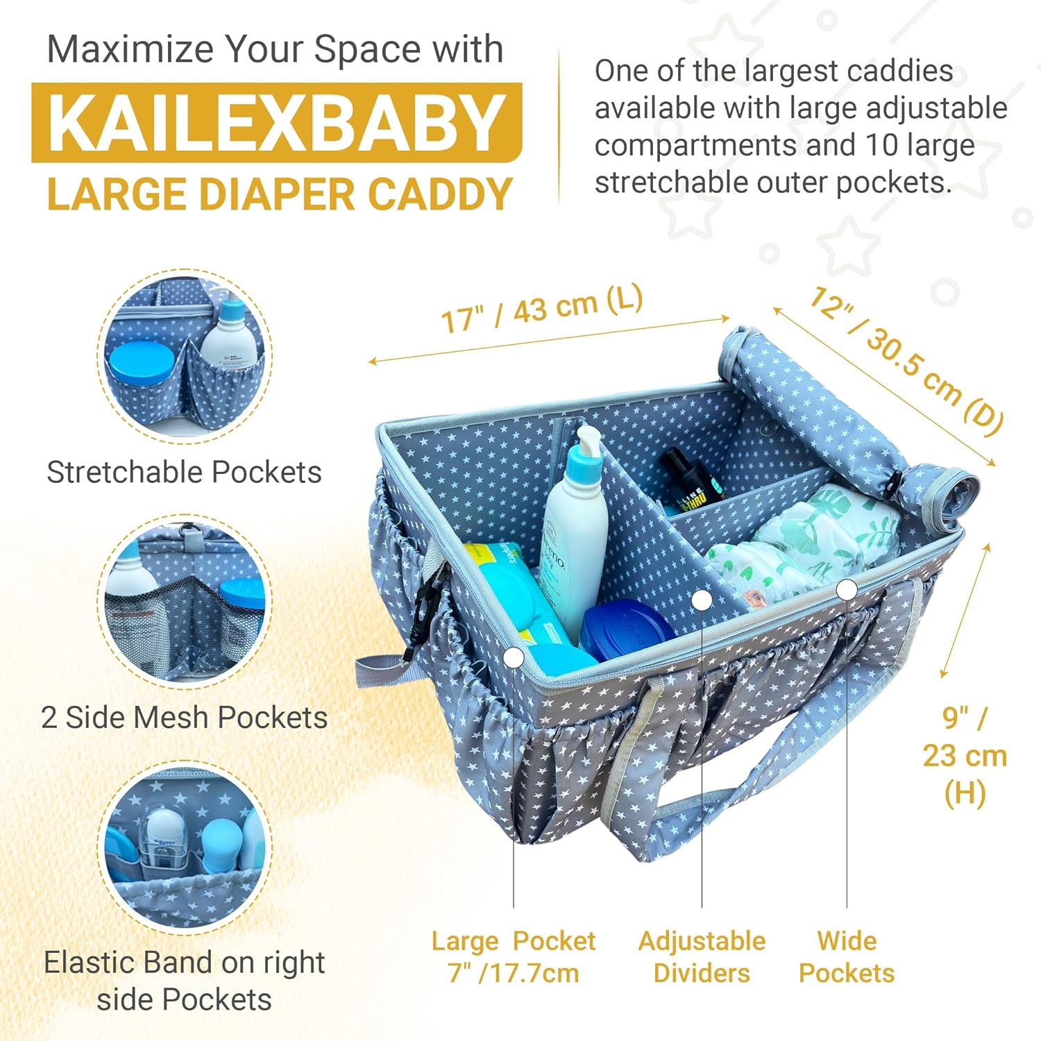 Extra Large Diaper Caddy with Lid Cover and Shoulder Strap
