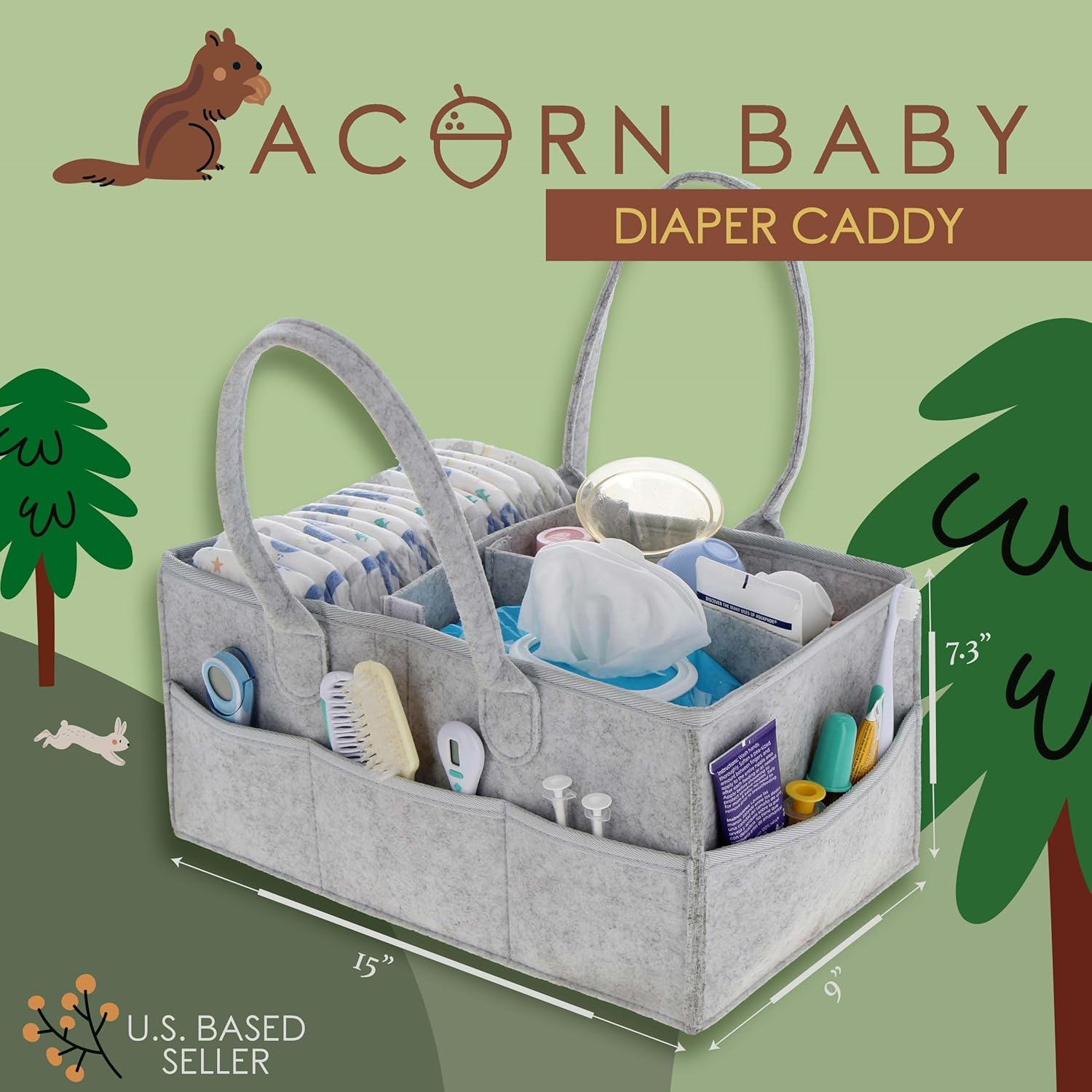 Acorn Baby Diaper Caddy Organizer - 15x9in Marble Gray Felt