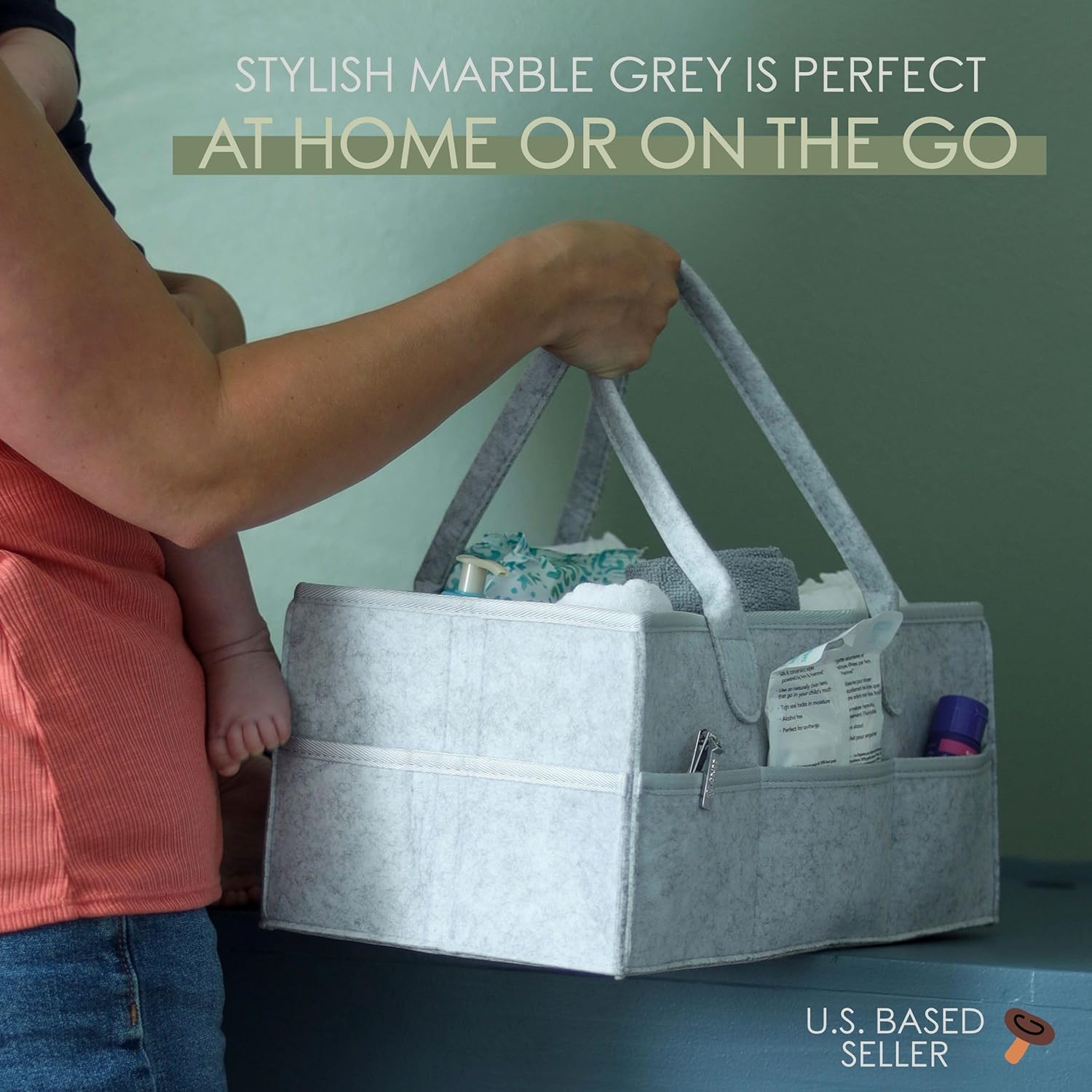 Acorn Baby Diaper Caddy Organizer - 15x9in Marble Gray Felt