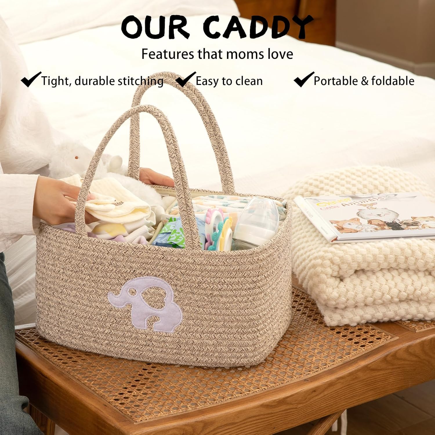 OIAHOMY Diaper Caddy Organizer - Brown Portable Baby Basket with Handles