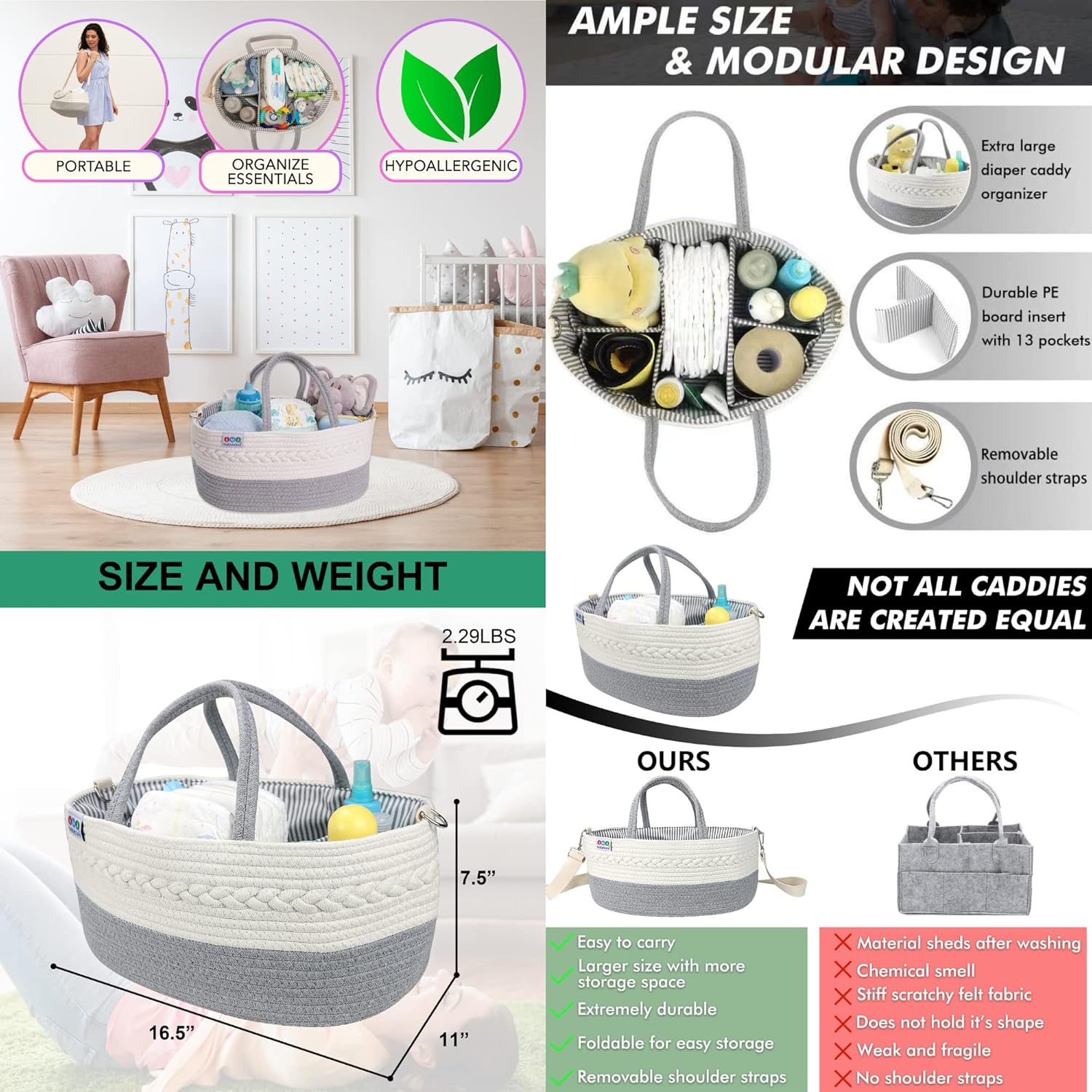 Extra Large Baby Diaper Caddy - Portable Cotton Nursery Basket