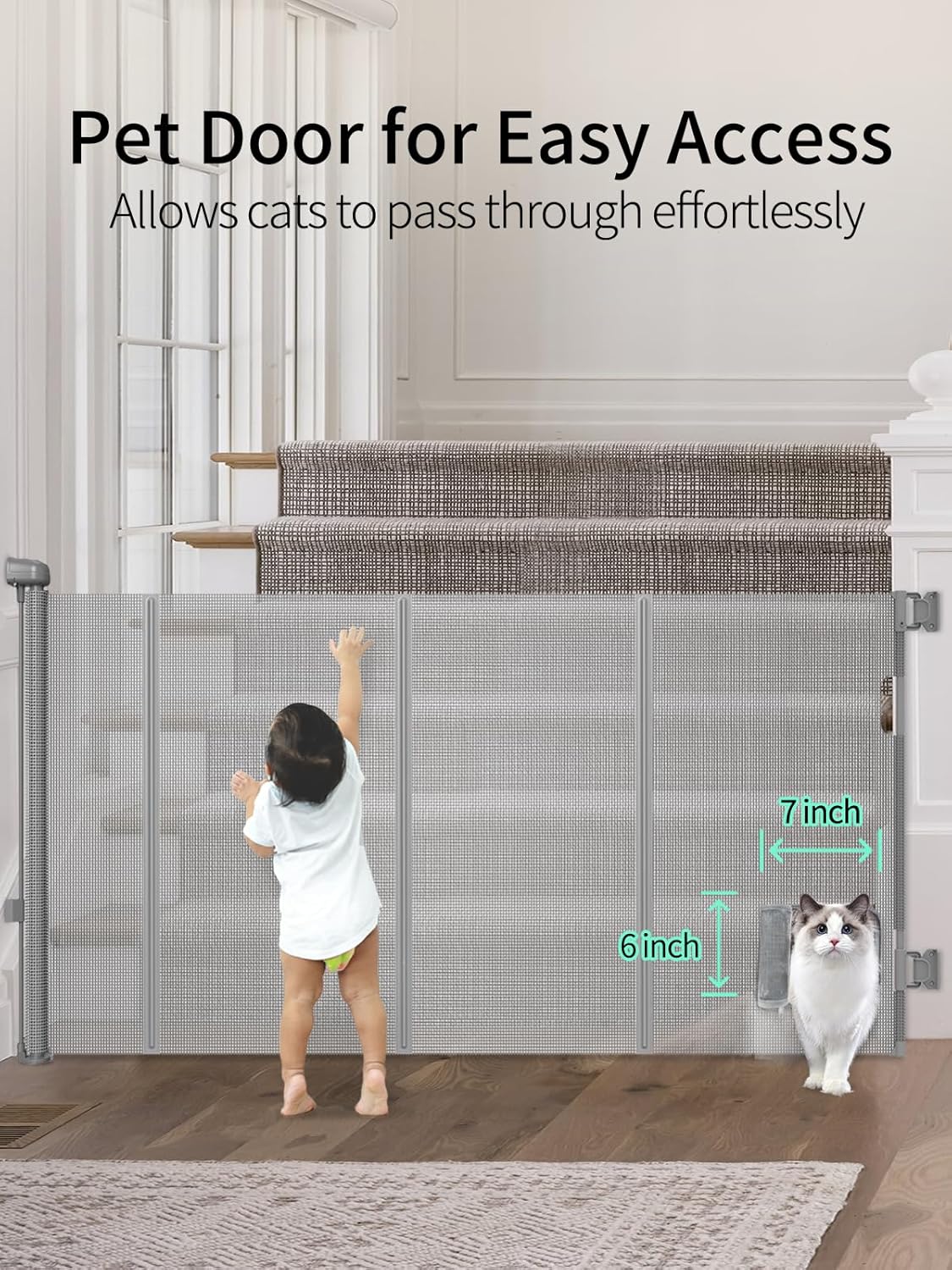Retractable Baby Gate with Cat Door - 140 Wide 33 Tall Gray