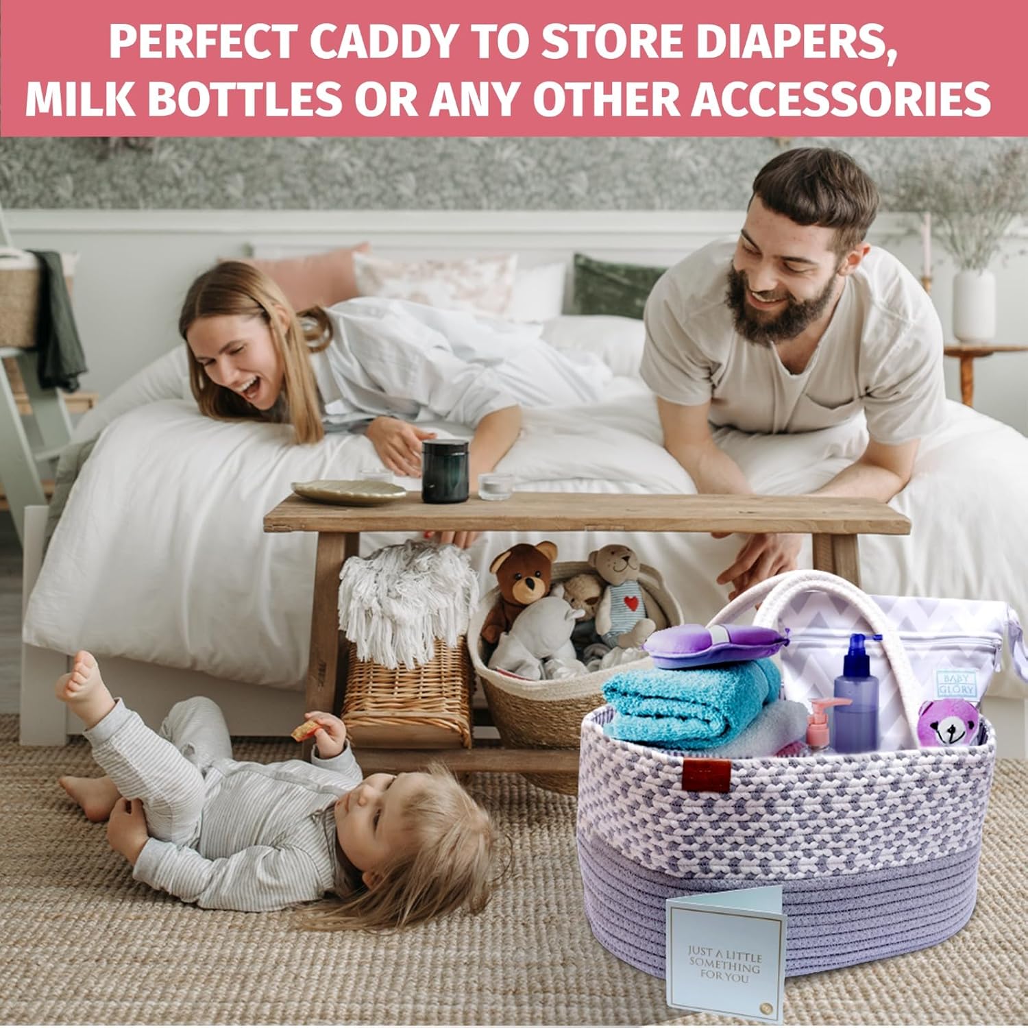 Unisex Diaper Caddy Organizer with Wet Dry Bag and Greeting Card