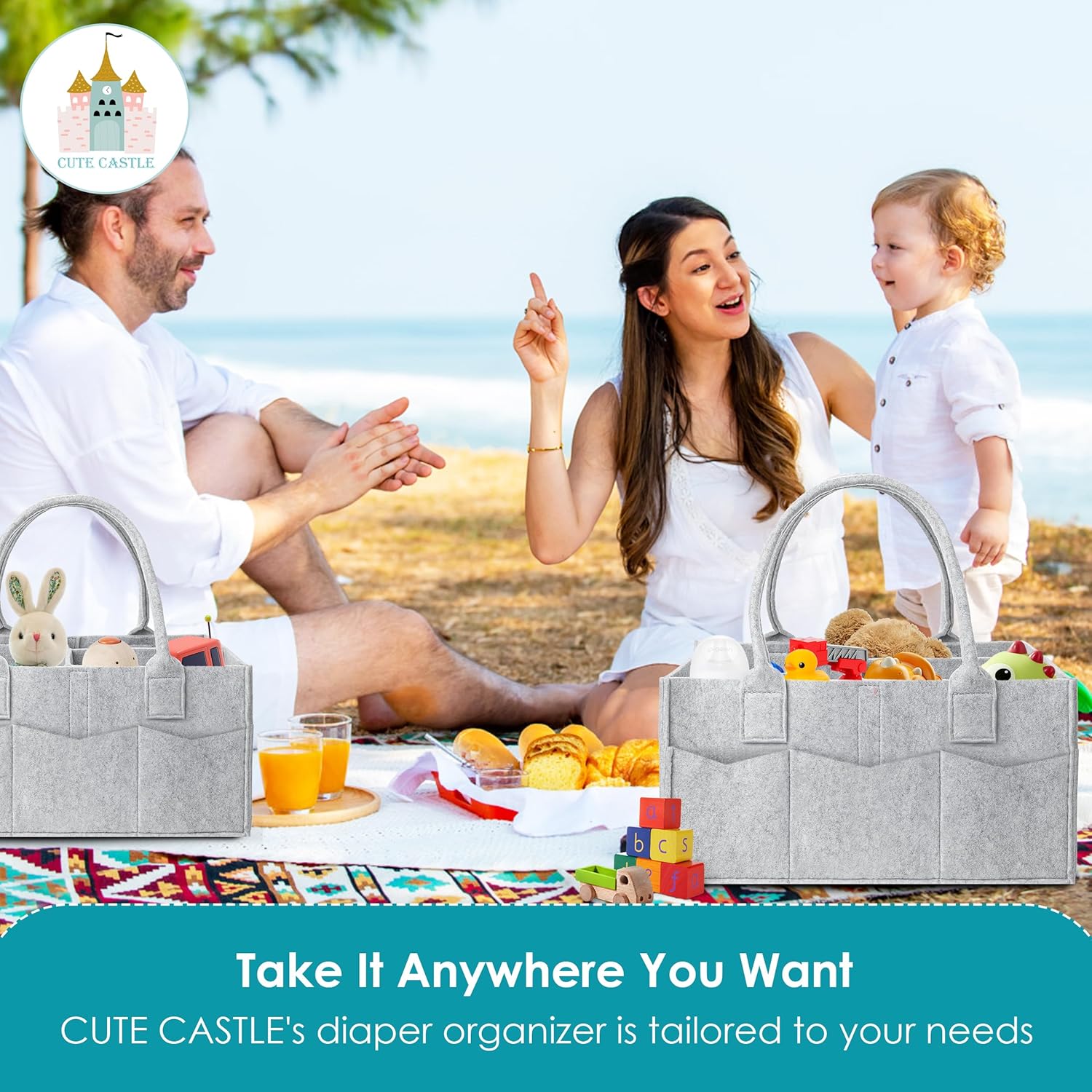 Cute Castle 2 Pack Diaper Caddy Organizer - Portable Grey Large