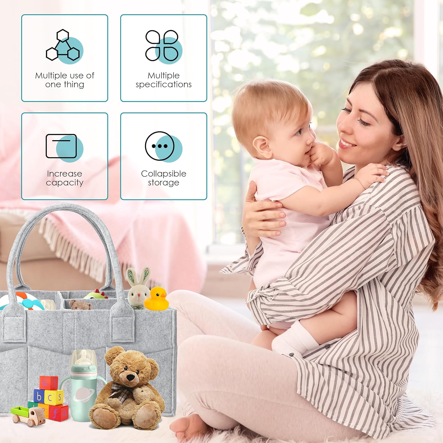 Cute Castle 2 Pack Diaper Caddy Organizer - Portable Grey Large