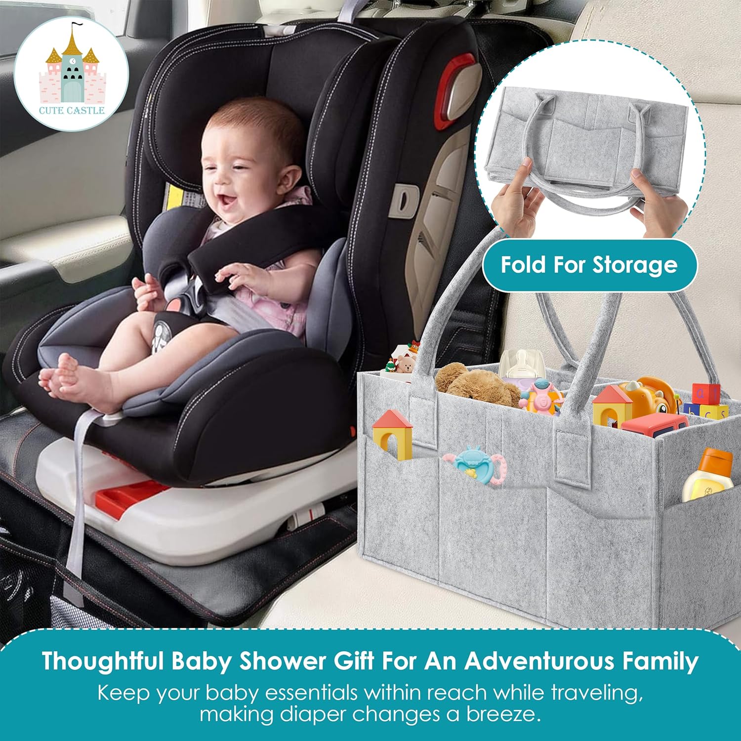 Cute Castle 2 Pack Diaper Caddy Organizer - Portable Grey Large