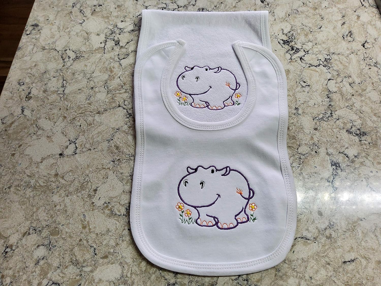 Happy Hippo Custom Embroidered Bib and Burp Cloth Set 1