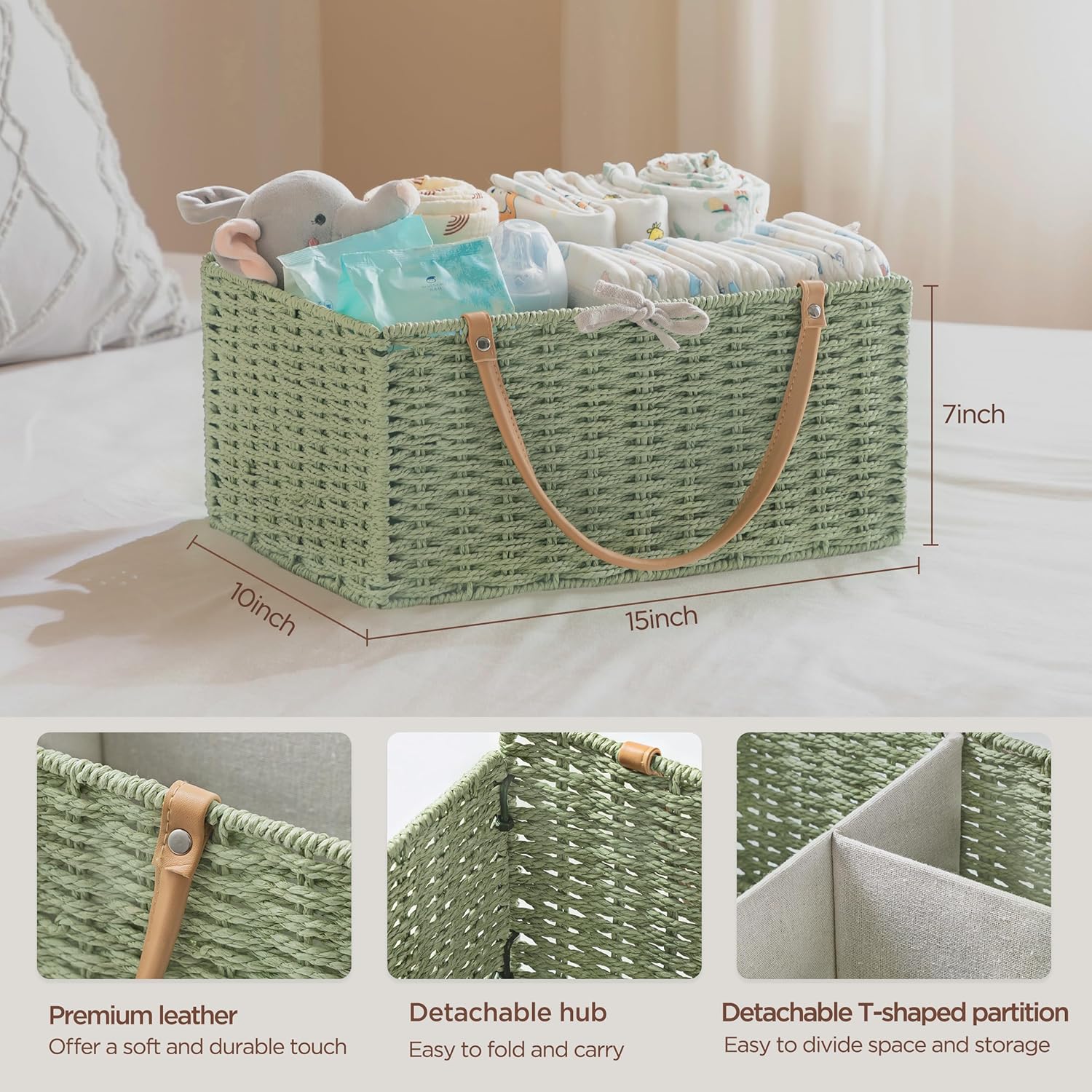 HBlife Green Baby Diaper Caddy with Paper Rope Storage