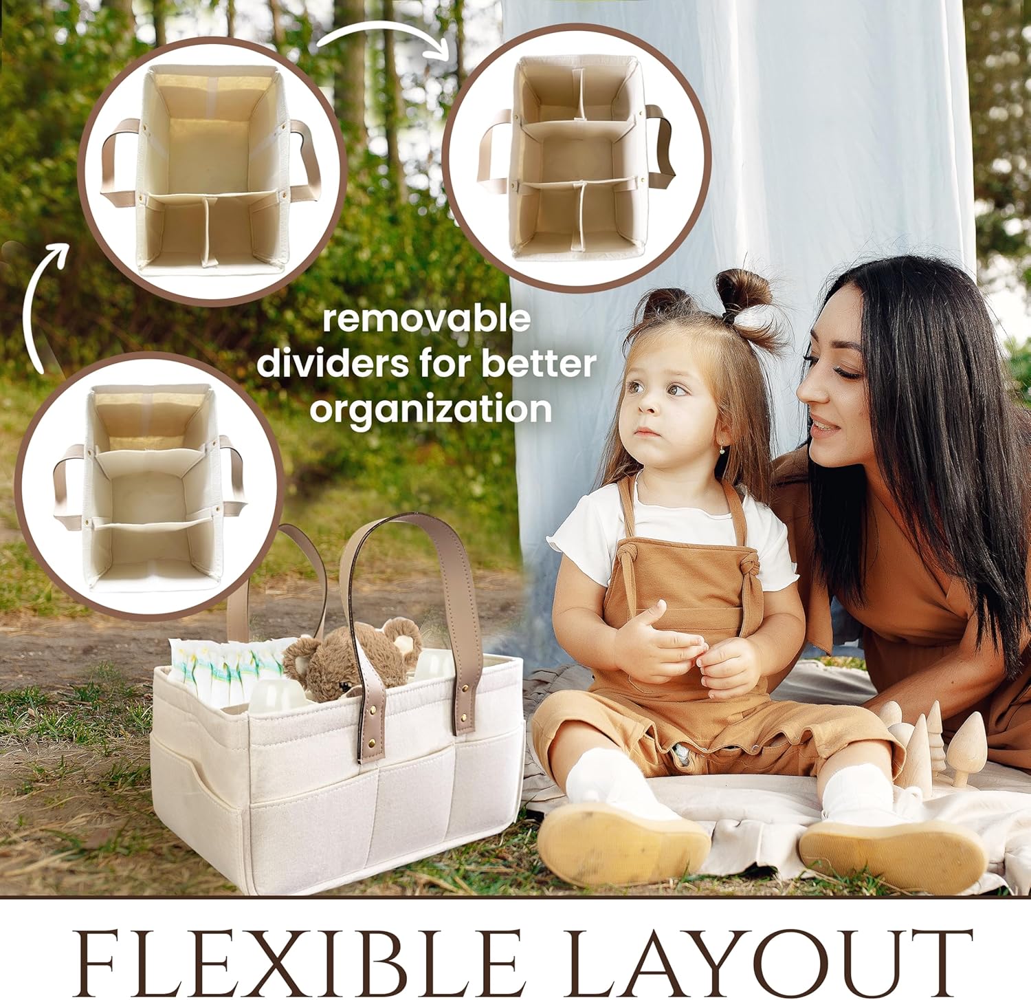 Diaper Caddy with Leather Handle Adjustable Storage